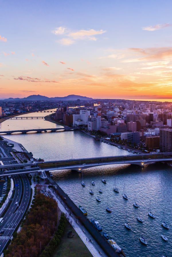 新潟市の風景。信濃川と柳都大橋を上空から見下ろした写真